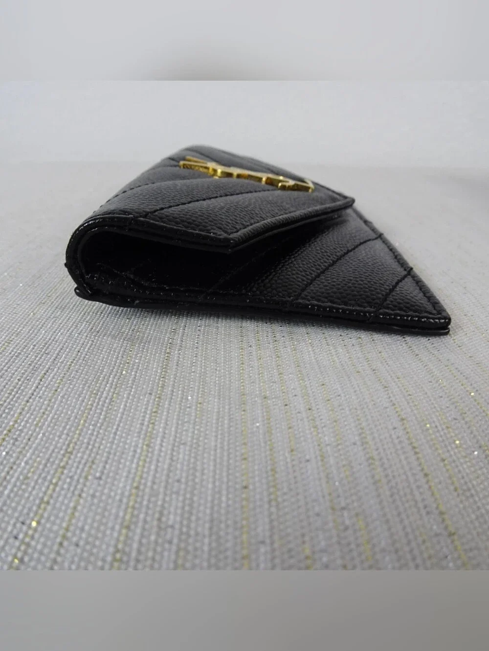 YSL Saint Laurent Monogram Card Holder Wallet Matelasse Chevron Grain Leather